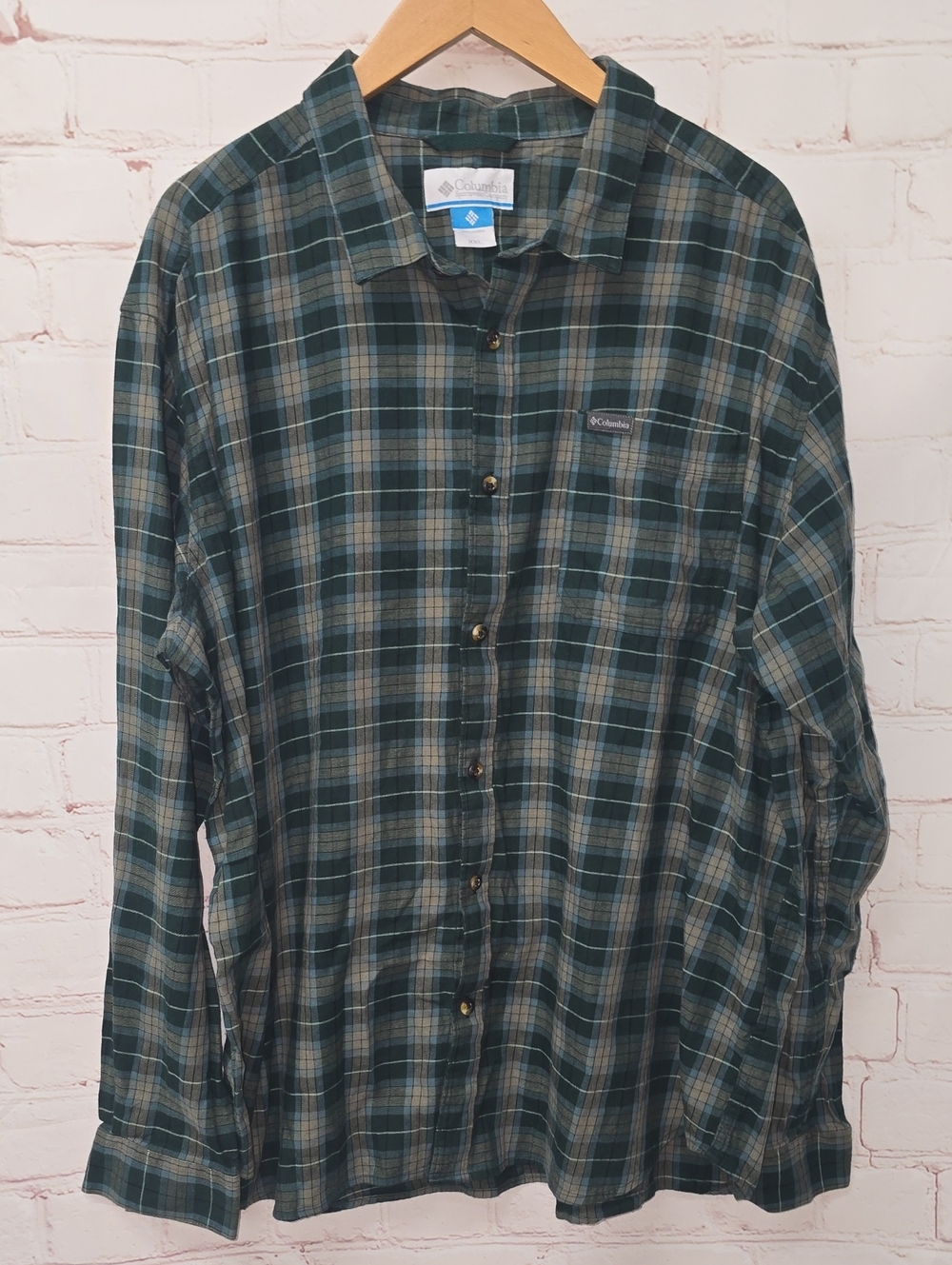 Columbia Teal and Olive Plaid Button-Down Shirt